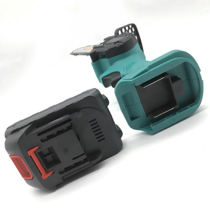 Black 4-inch rechargeable electric chainsaw with steel chain and bare metal body for garden pruning, 1000W power