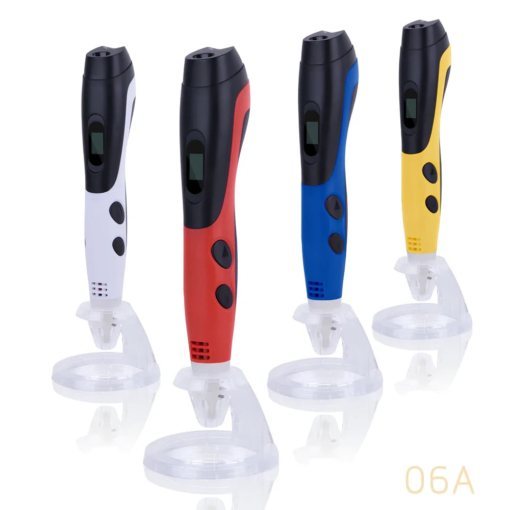 Blue six generations 3D printing pen with 12-colour PLA ABS consumables, base, and UK adapter for DIY graffiti