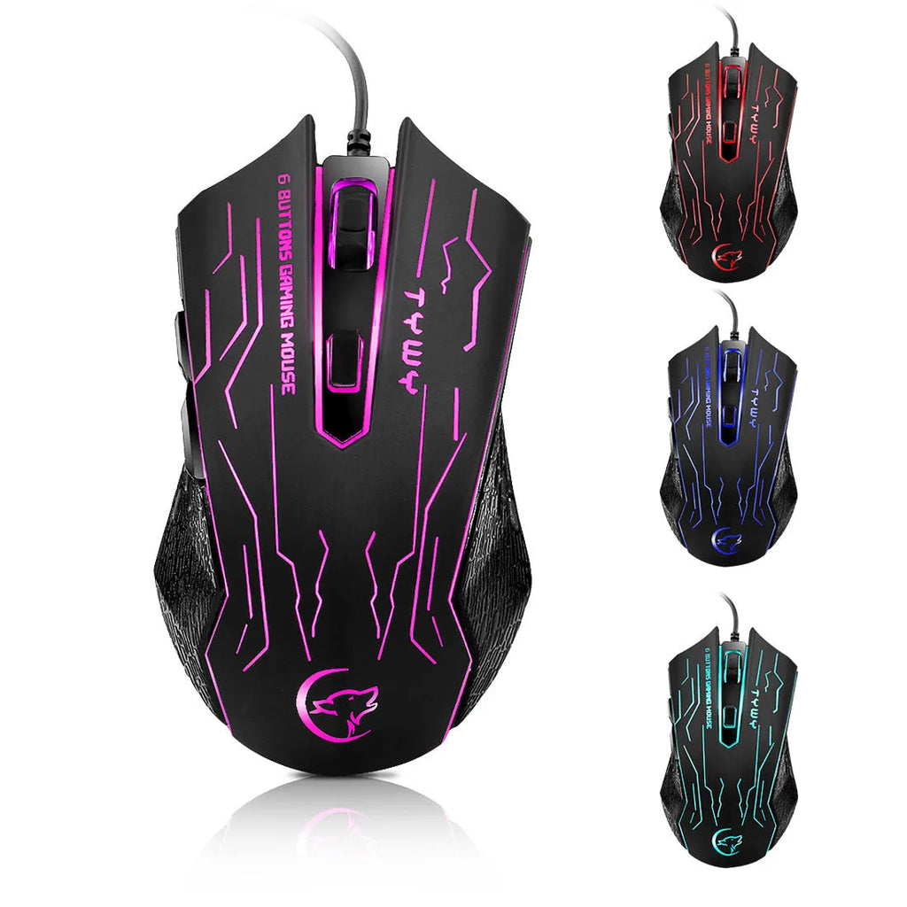 Black wired gaming mouse with colourful breathing light, 6 buttons, USB cable, and adjustable DPI