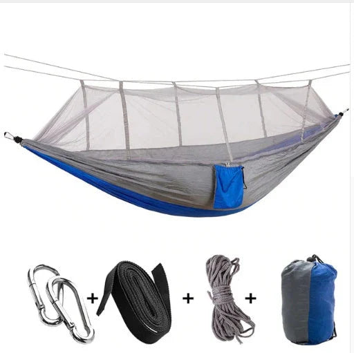 Parachute hammock with mosquito net in various colors and sizes, ideal for outdoor adventures and relaxation