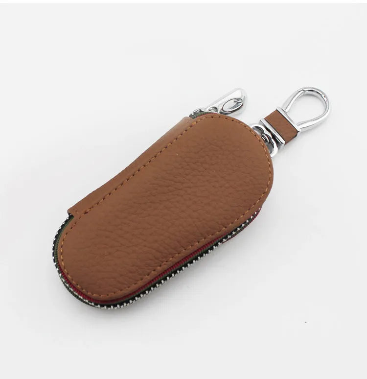 Black leather zipper key bag for car and home keys, compact 15.5cm size