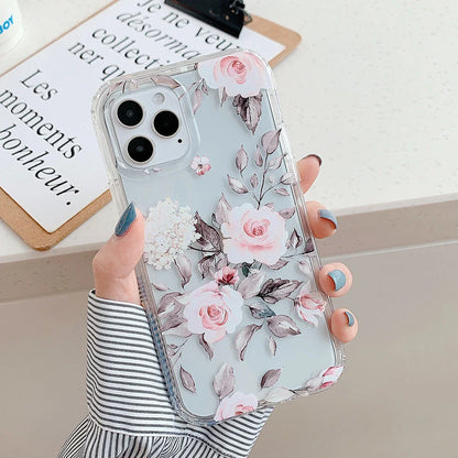 Orange silicone iPhone case with banana leaf watercolour pattern and electroplated camera cutout