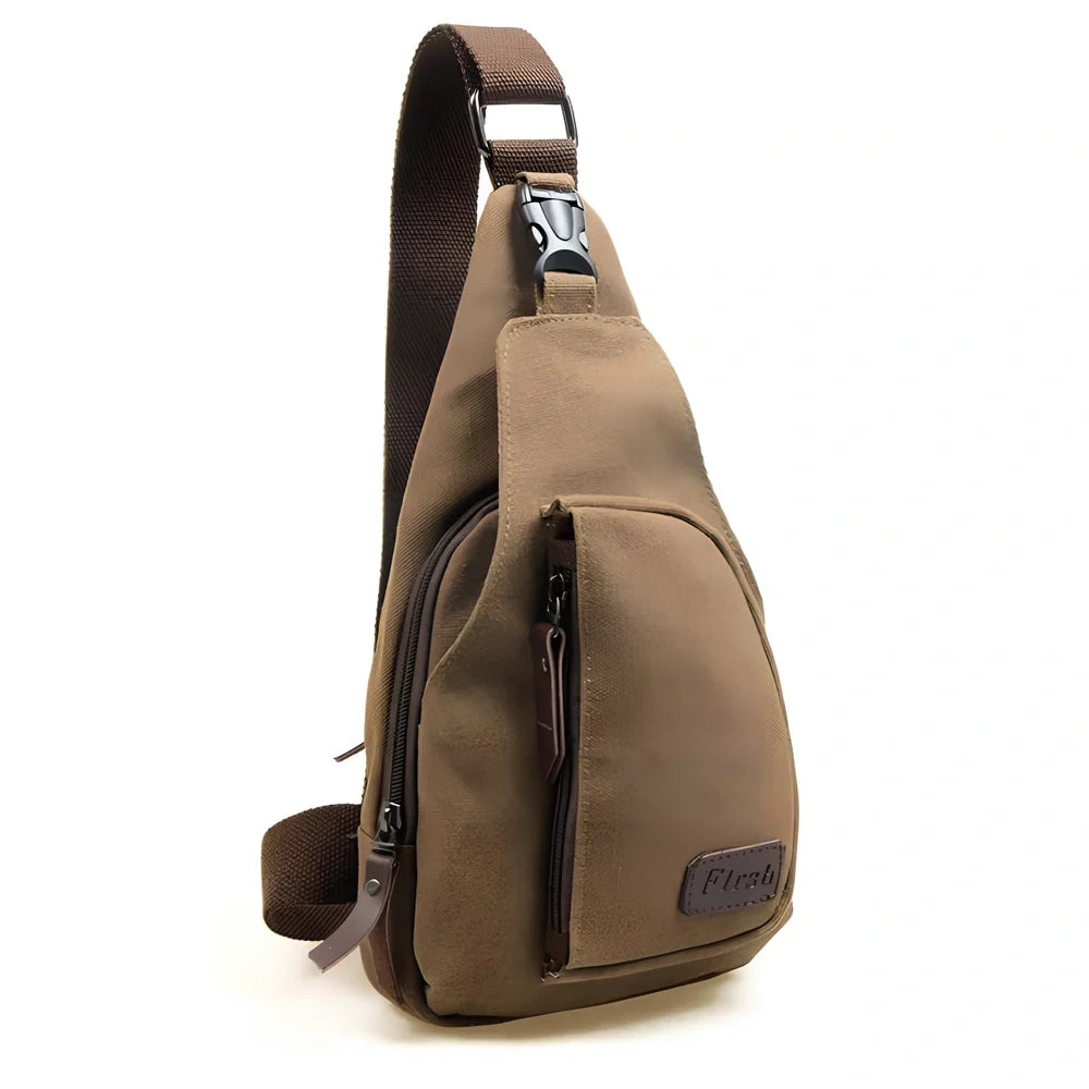 Men's black cotton canvas chest pack bag, 30x16x6 cm small size, adjustable strap for crossbody wear