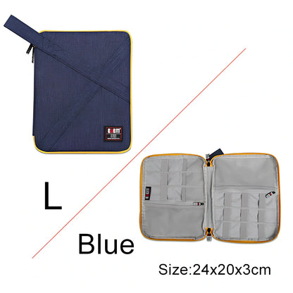 BUBM double-layer XL travel cable organizer in black, with compartments for USB, phone, charger, iPad cables, 25cm x 15cm x 10cm