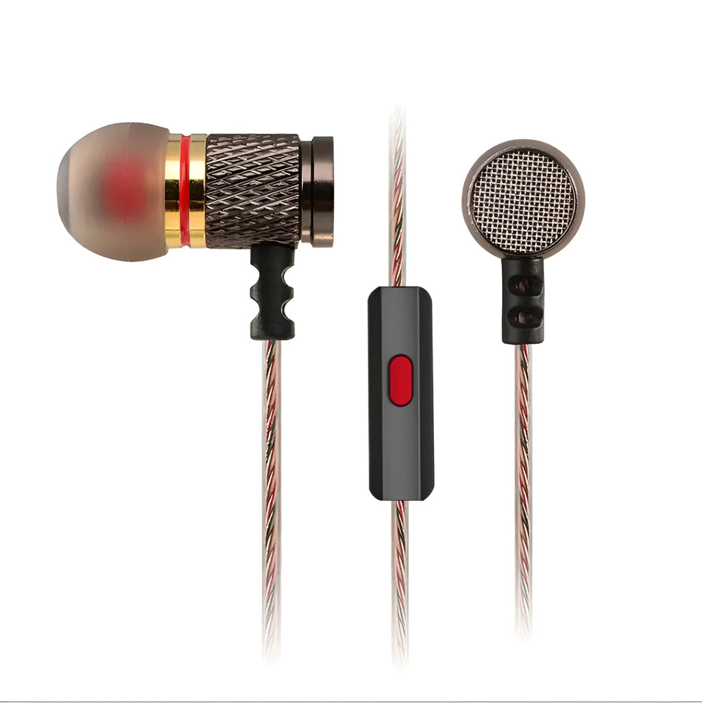 Black wired in-ear headphones with silicone cable, 3.5mm L-bend plug, and TPE ear tips.