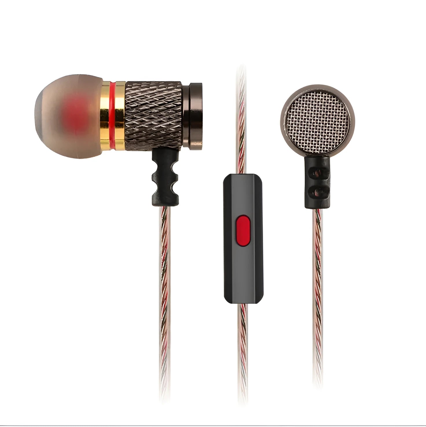 Black wired in-ear headphones with silicone cable, 3.5mm L-bend plug, and TPE ear tips.