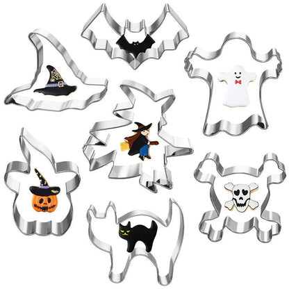 7-piece stainless steel Halloween cookie cutter set including pumpkin, bat, and skull shapes