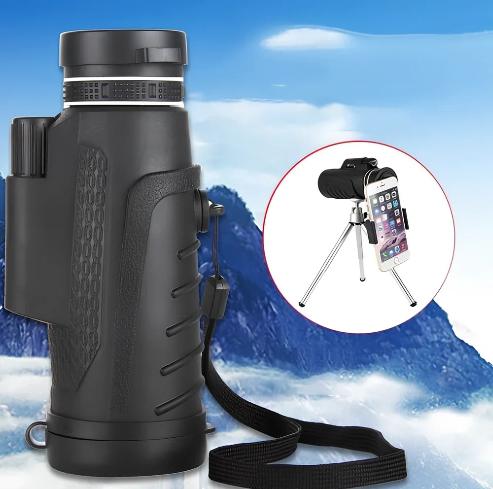 Black 40X60 HD monocular telescope with iPhone clip and tripod, 53x150mm size for 40x zoom outdoor viewing