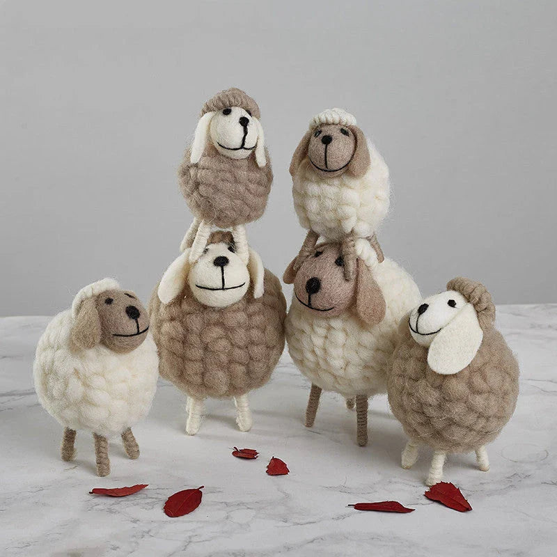Adorable felt sheep miniature figurines in various colours and sizes for home decoration