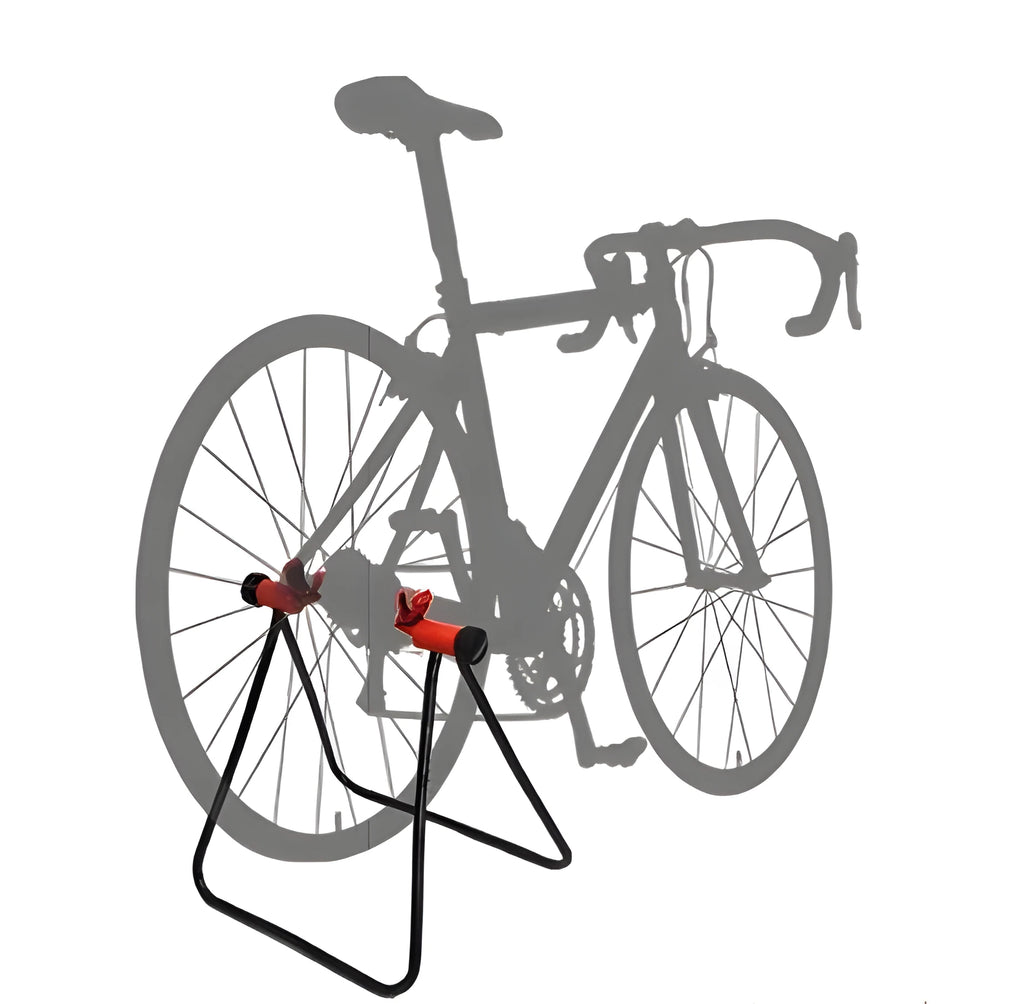 Black foldable aluminium bicycle repair rack with chain stay mounts and adjustable height for 20-29 inch bikes