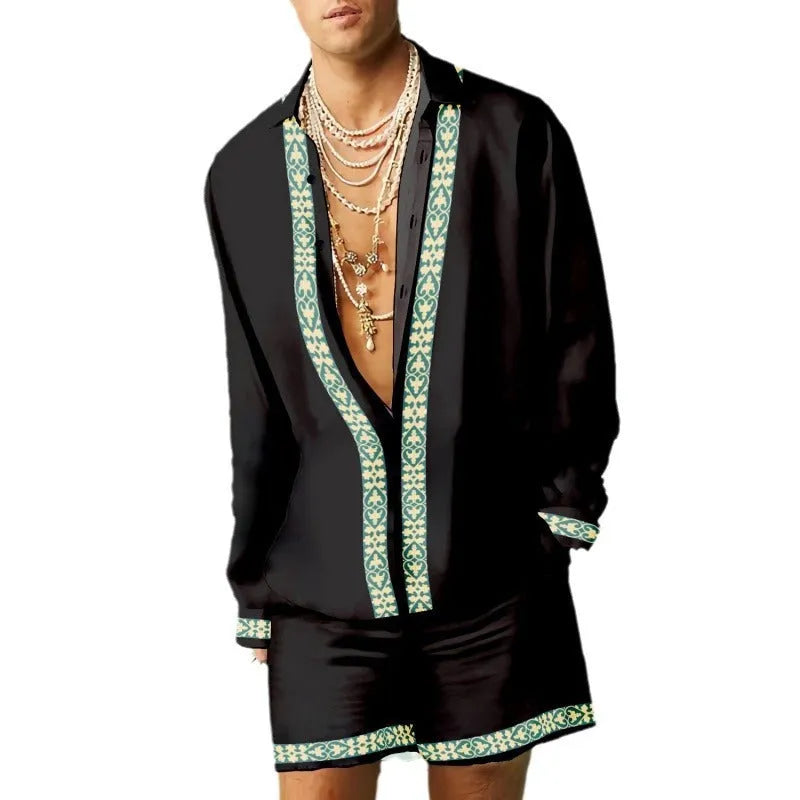 Men's slim fit long sleeve shirt and matching shorts casual summer set in polyester.
