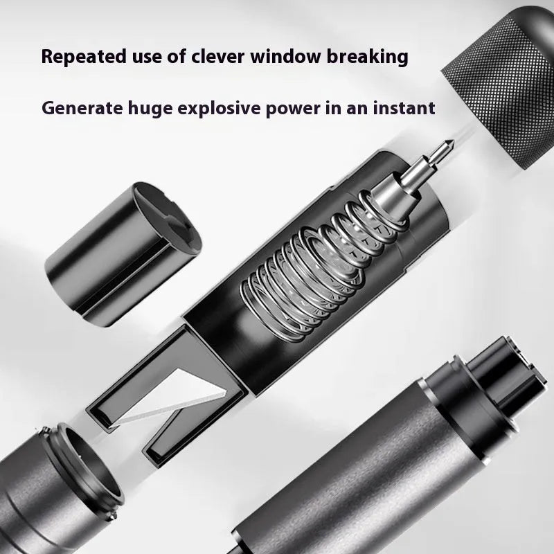 Gun grey aluminium alloy automobile safety hammer with steel impact head, shown with test glass and rubber mount.