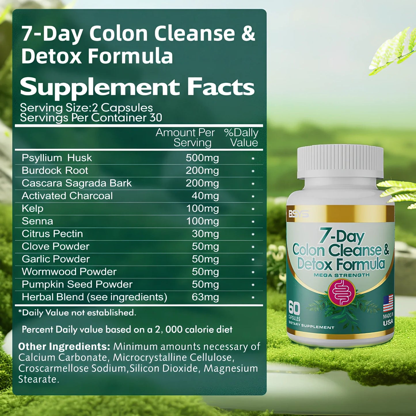 7-Day Colon Cleanse & Detox Formula Capsules bottle with 60 vegetarian capsules for digestive health