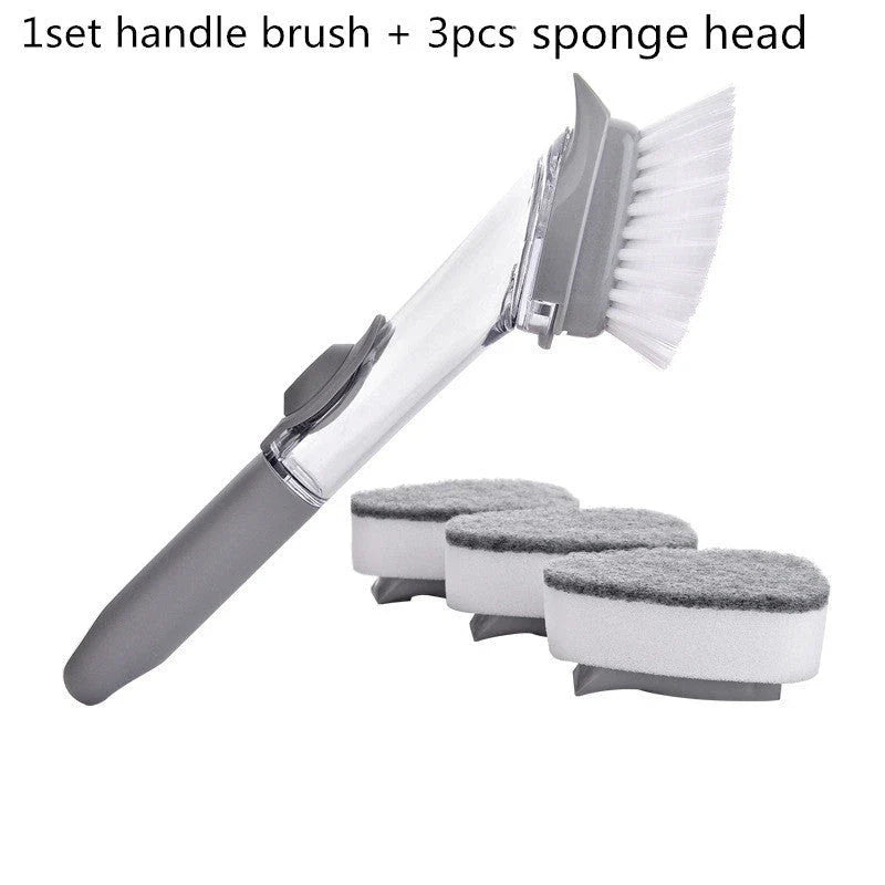 Versatile long-handled kitchen cleaning brush with removable brush and sponge heads