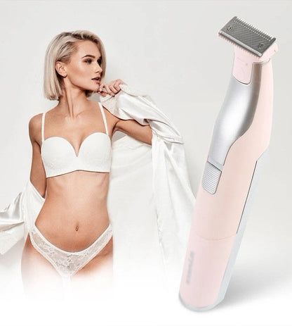 Portable hair shaver in pink and green with detachable comb for precise styling