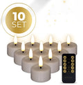 Taupe coloured S10 LED tealight candle with a realistic 3D flame effect, shown next to a ruler indicating its 4.1 cm by 5 cm size.
