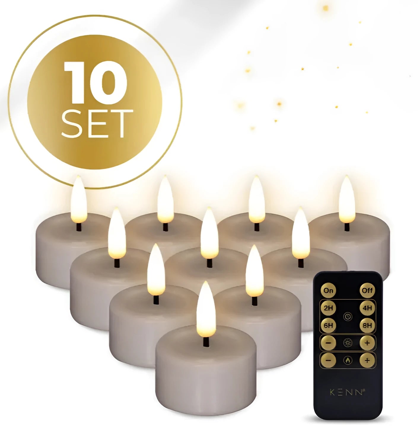 Taupe coloured S10 LED tealight candle with a realistic 3D flame effect, shown next to a ruler indicating its 4.1 cm by 5 cm size.
