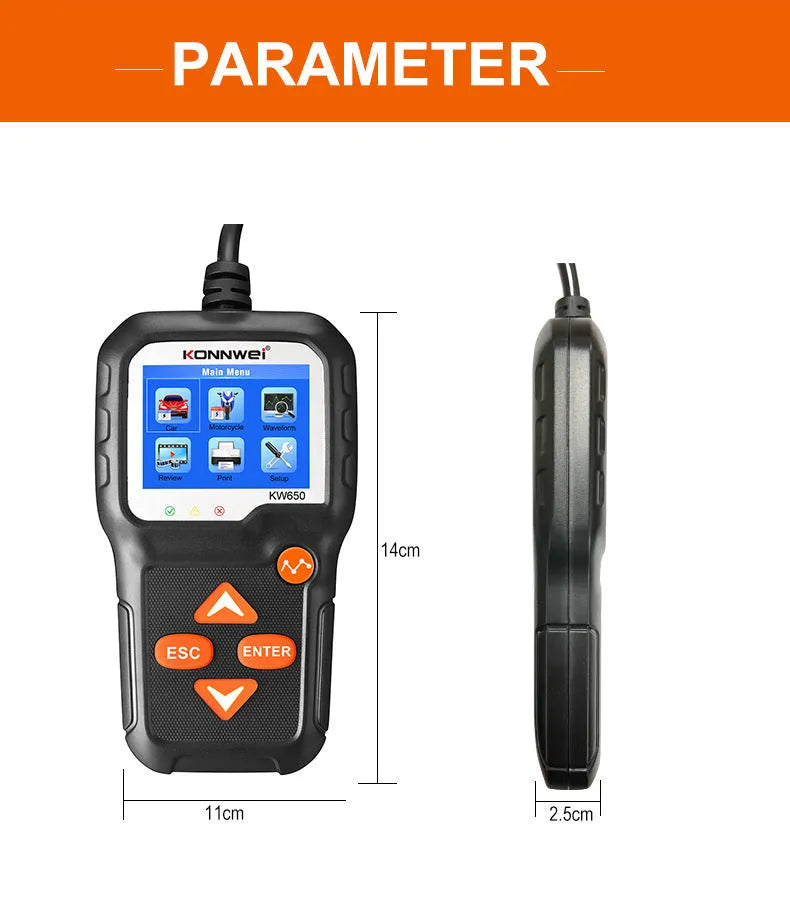 KONNWEI KW650 battery tester with LCD screen and three LED indicators, black casing