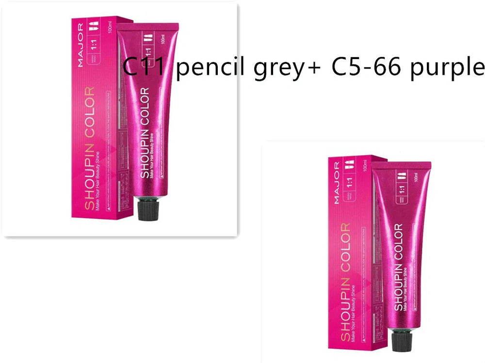 Ammonia-free hair dye 100ml tube with colour chart showing 40+ shades including WG75 cold brown and C5-66 purple