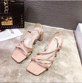 Women's apricot thick heel sandals with a one-word sleeve design and rubber sole.