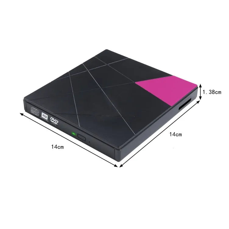 USB external DVD burner with card reader in rose gold, compact 152x142x20mm size