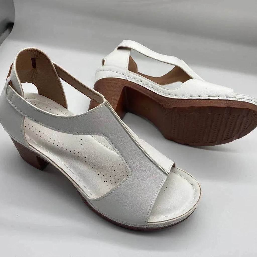 Women's peep toe Roman wedge sandals with buckle strap in light brown
