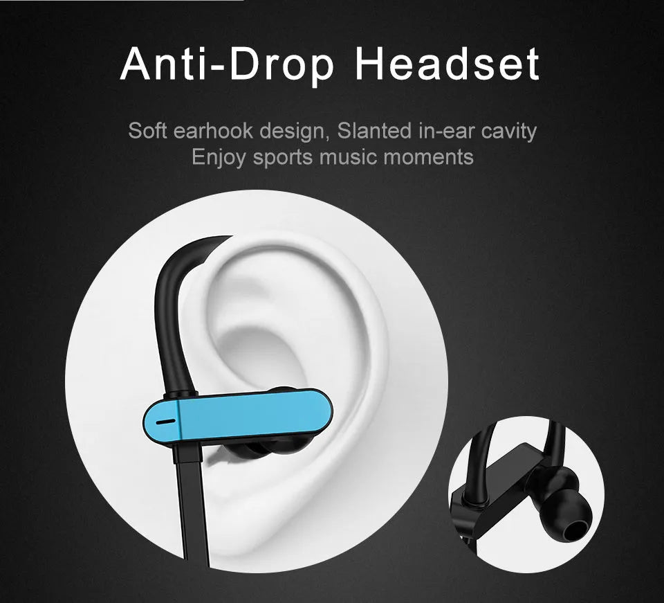 Black and blue universal sport earphone with flexible silicone ear hooks and gel earbuds, showing the 3.5mm jack.