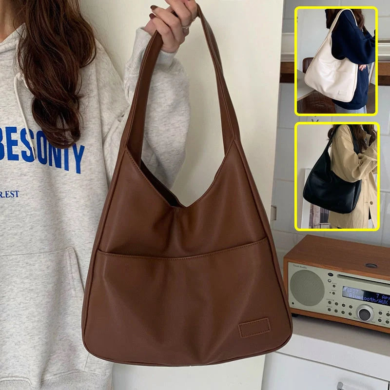 Large capacity PU tote bag for women in brown, black, and white with sewing thread detailing