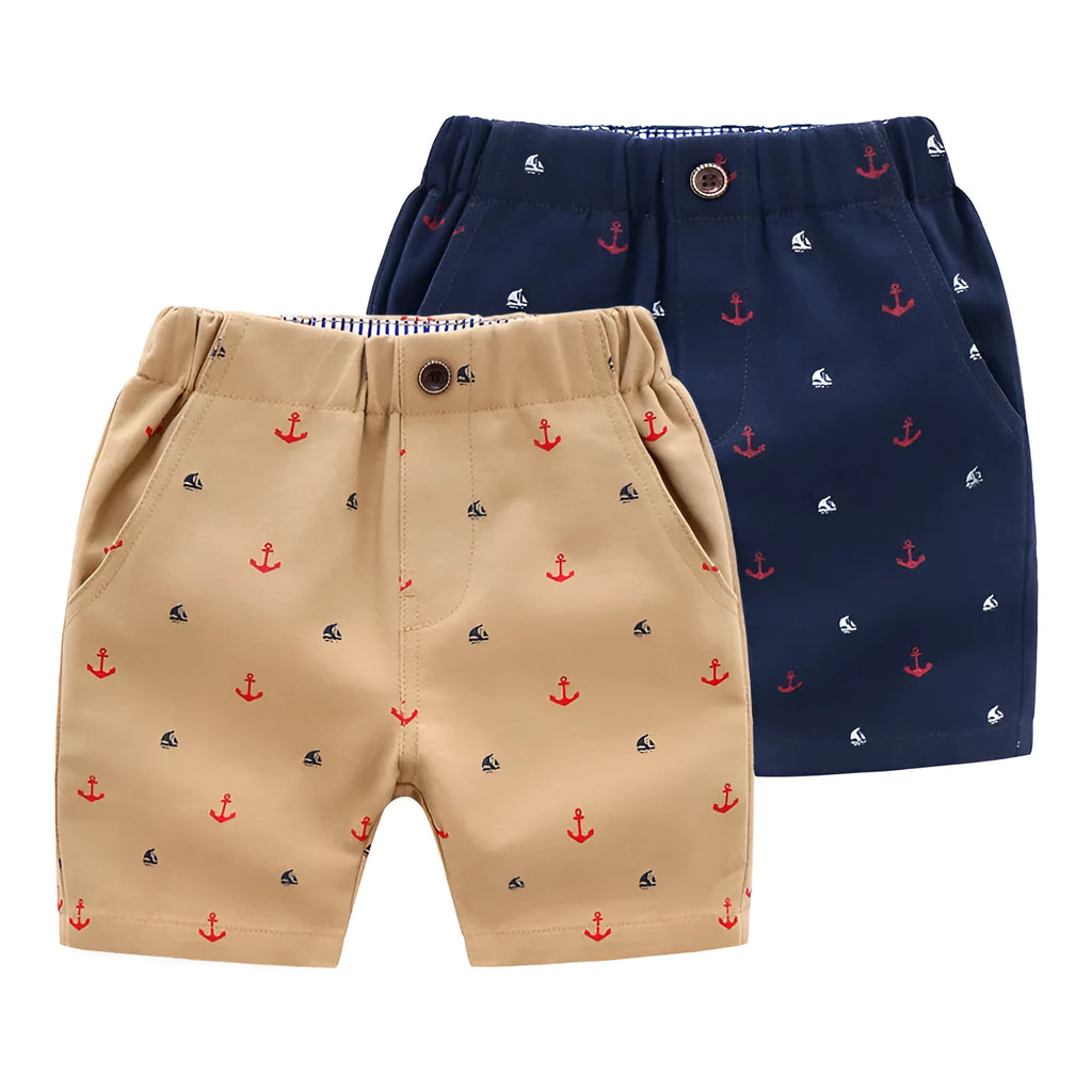 Children's cotton beach shorts in khaki with elastic waistband