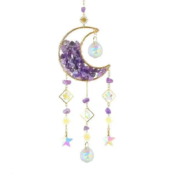 Metal and K9 crystal moon pendant for car rearview mirror in blue.