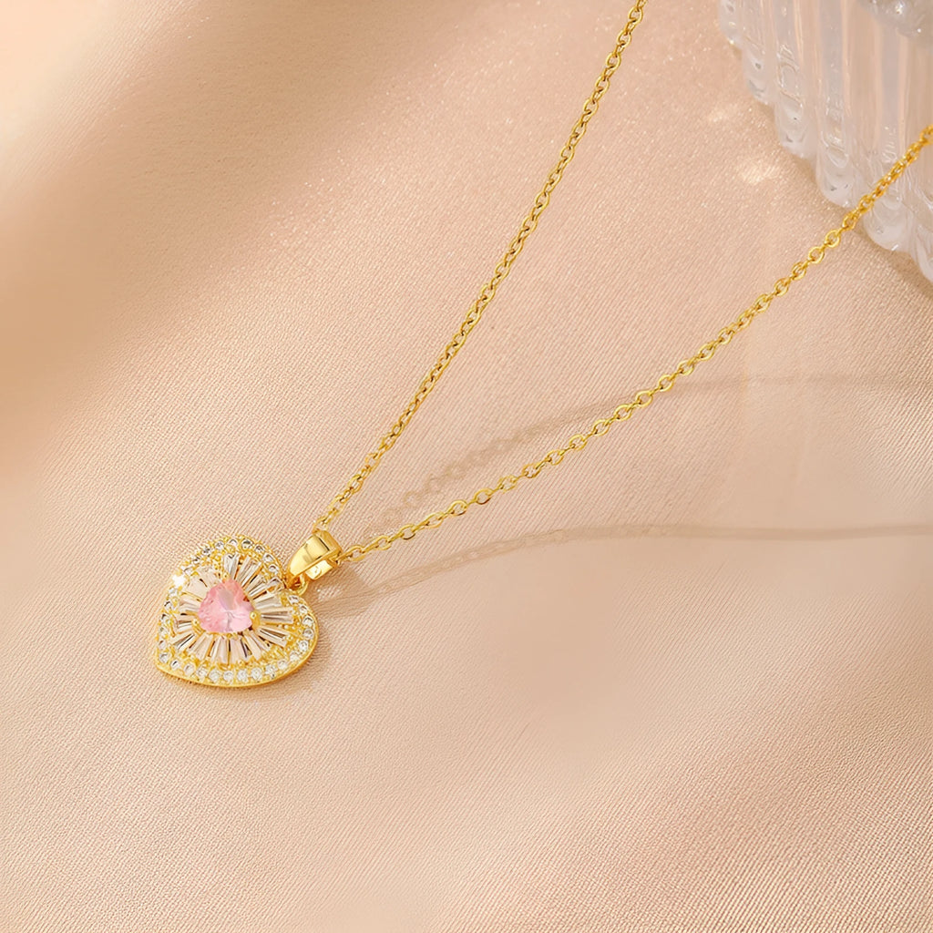 Women's copper electroplated necklace showing heart, round diamond, butterfly, and cross pendant shape options.
