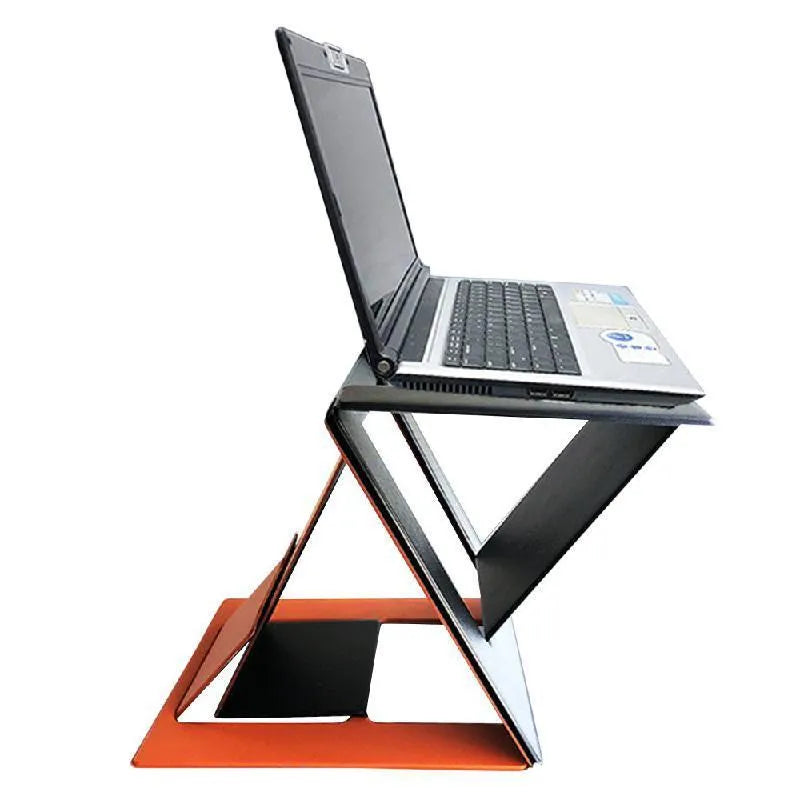 Multi angle adjustable folding laptop stand in black, blue, and orange colours