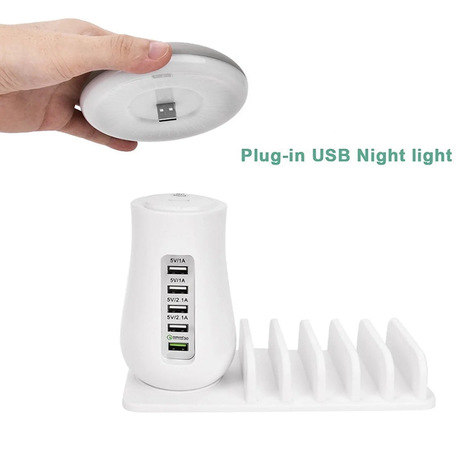 White mushroom-shaped 5-port USB charging dock station with glowing LED night lamp on a desk