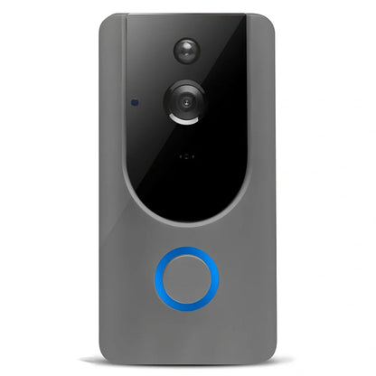 Grey WiFi video doorbell camera with 720P lens, 166° angle, PIR motion detection and chime for home security