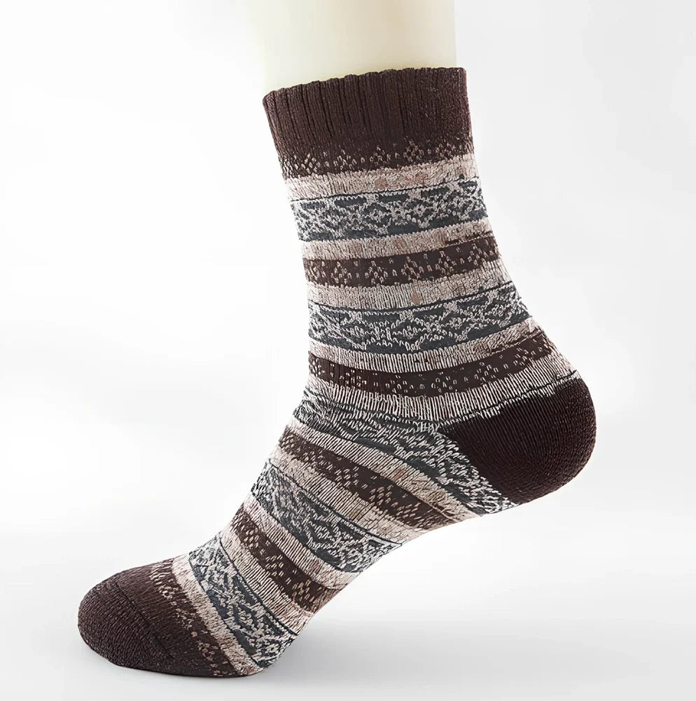 Pack of 5 thick stripe wool blend socks in various colours, featuring 15% rabbit hair for winter warmth, fitting sizes 39-42