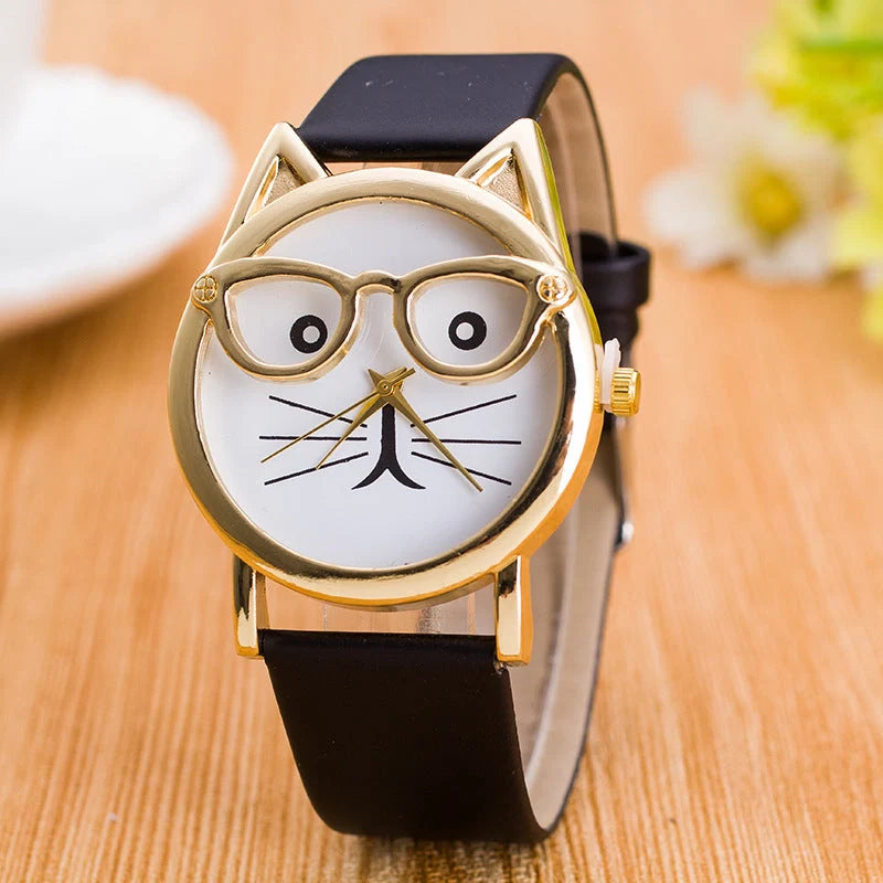 Cat face cartoon children's watch with quartz movement and colourful strap options