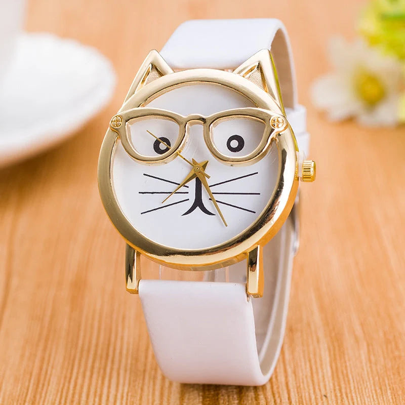 Cat face cartoon children's watch with quartz movement and colourful strap options