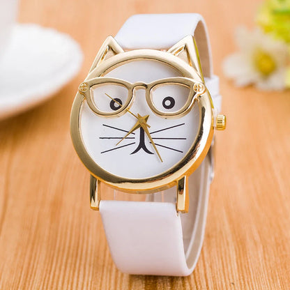 Cat face cartoon children's watch with quartz movement and colourful strap options