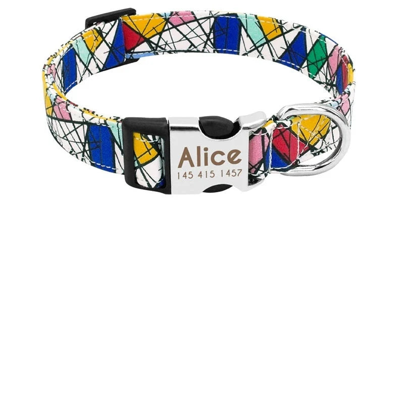 Custom dog collar with engraved tag in vibrant colours, adjustable for medium to large breeds