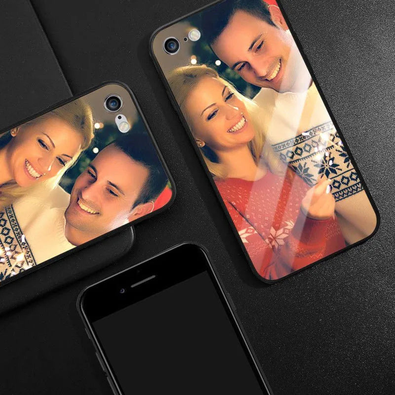 Custom patterned ultra-thin iPhone case with raised bumper edge, shown fitted on an iPhone.