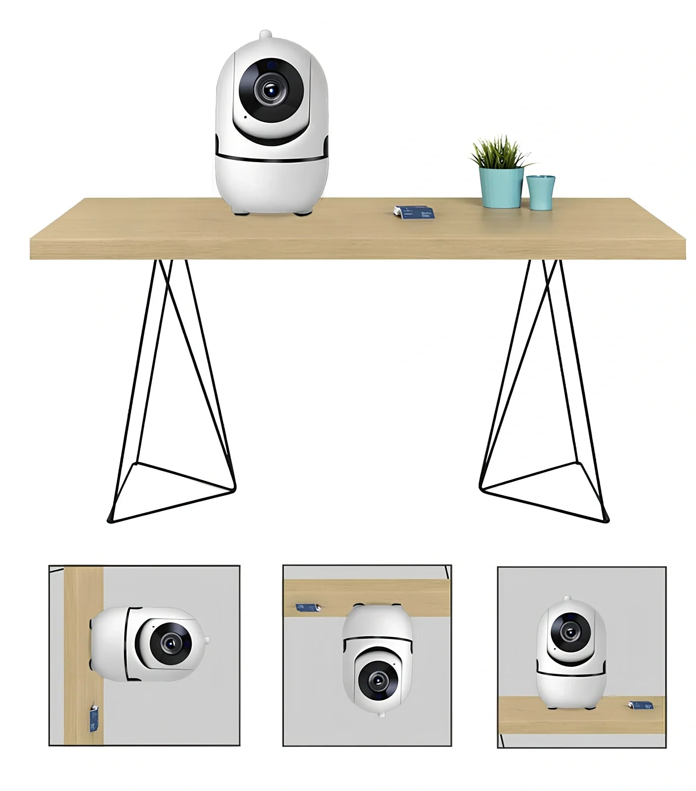 White WiFi security camera with 360 rotation and infrared night vision for home monitoring