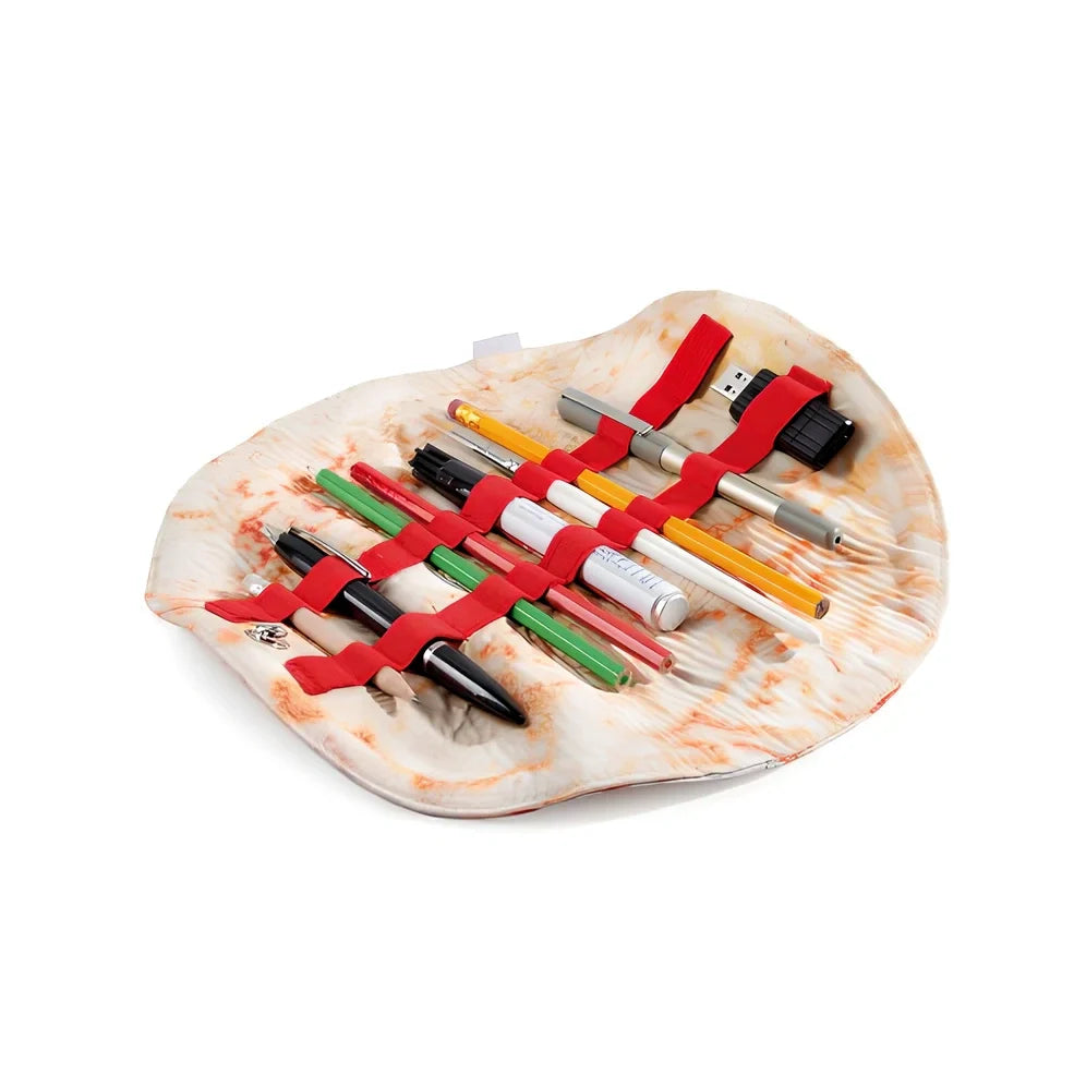 Burrito roll simulation pencil case in fabric, 22 cm size, unrolled showing pencil storage space