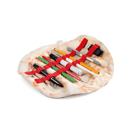 Burrito roll simulation pencil case in fabric, 22 cm size, unrolled showing pencil storage space