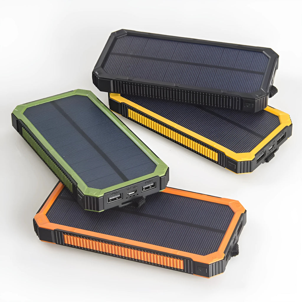 Solar power bank in black, green, orange or yellow with polymer lithium-ion battery