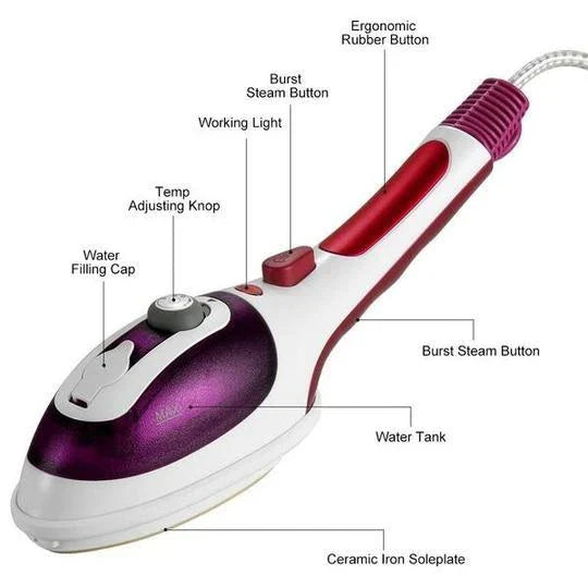 Portable handheld steam iron with multi-directional steam nozzle and compact, lightweight design for efficient fabric refreshing