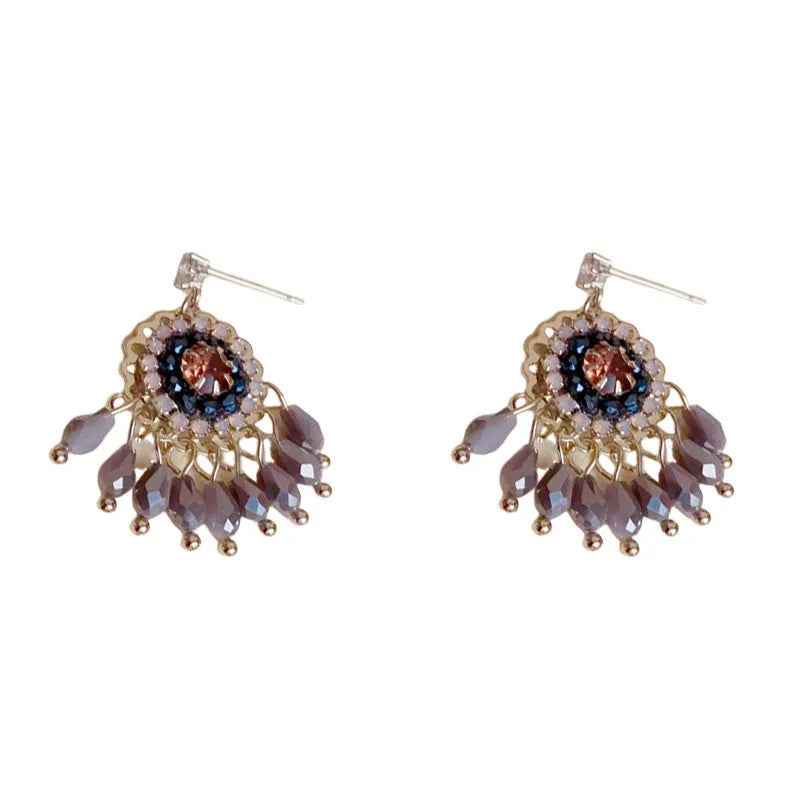 Purple and blue diamond embedded round crystal tassel earrings with thick gold plating