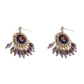 Purple and blue diamond embedded round crystal tassel earrings with thick gold plating