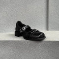 Black women's casual round toe PU mid heel shoes with metal buckle and belt decoration, front lace-up