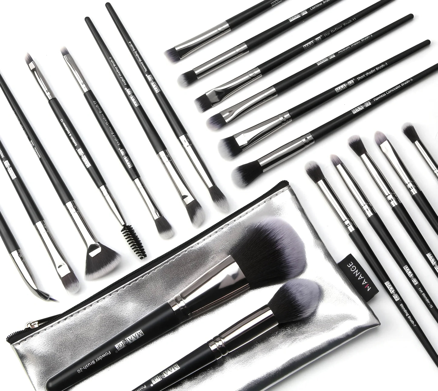 Black 20-piece nylon makeup brush set with PU storage bag, dimensions 19.5 x 12.5 x 2 cm, for precise application