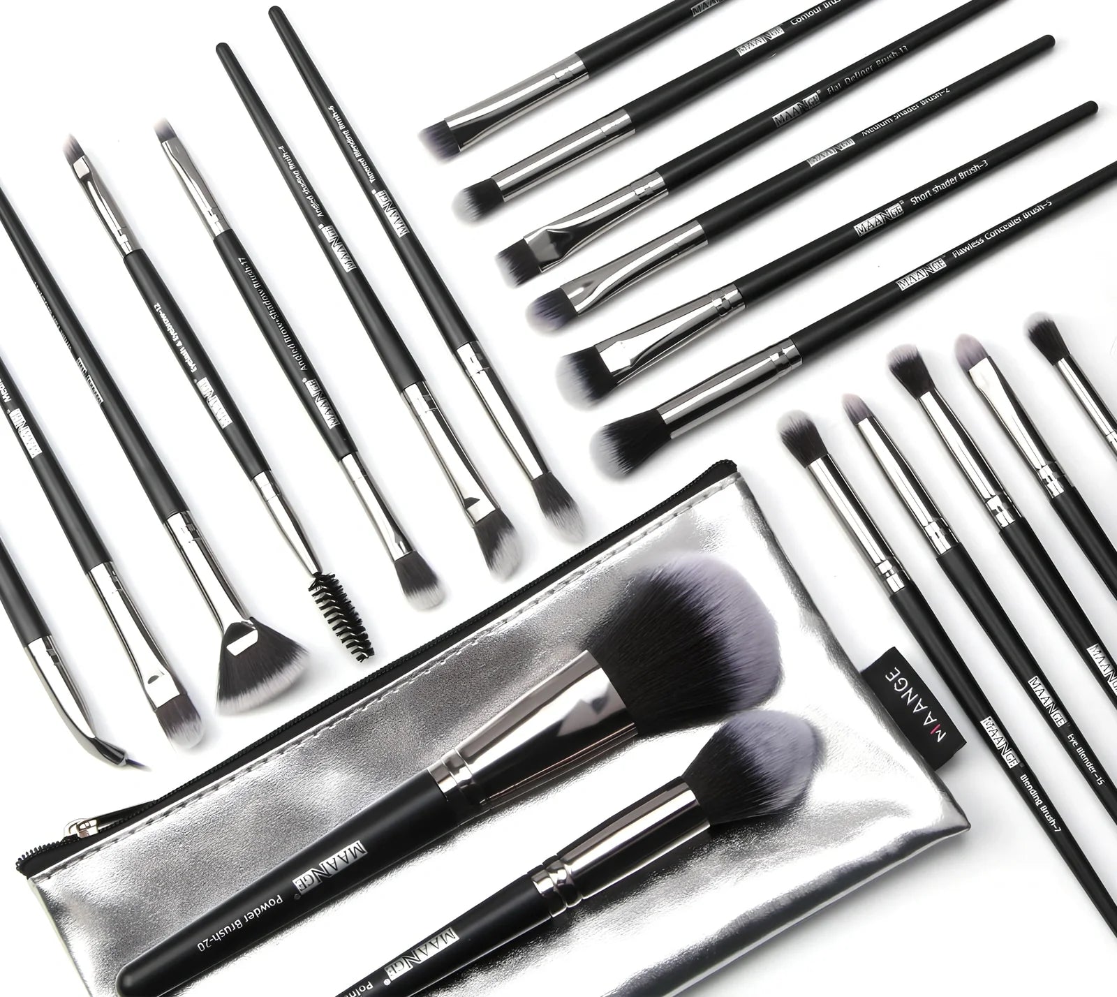 Black 20-piece nylon makeup brush set with PU storage bag, dimensions 19.5 x 12.5 x 2 cm, for precise application